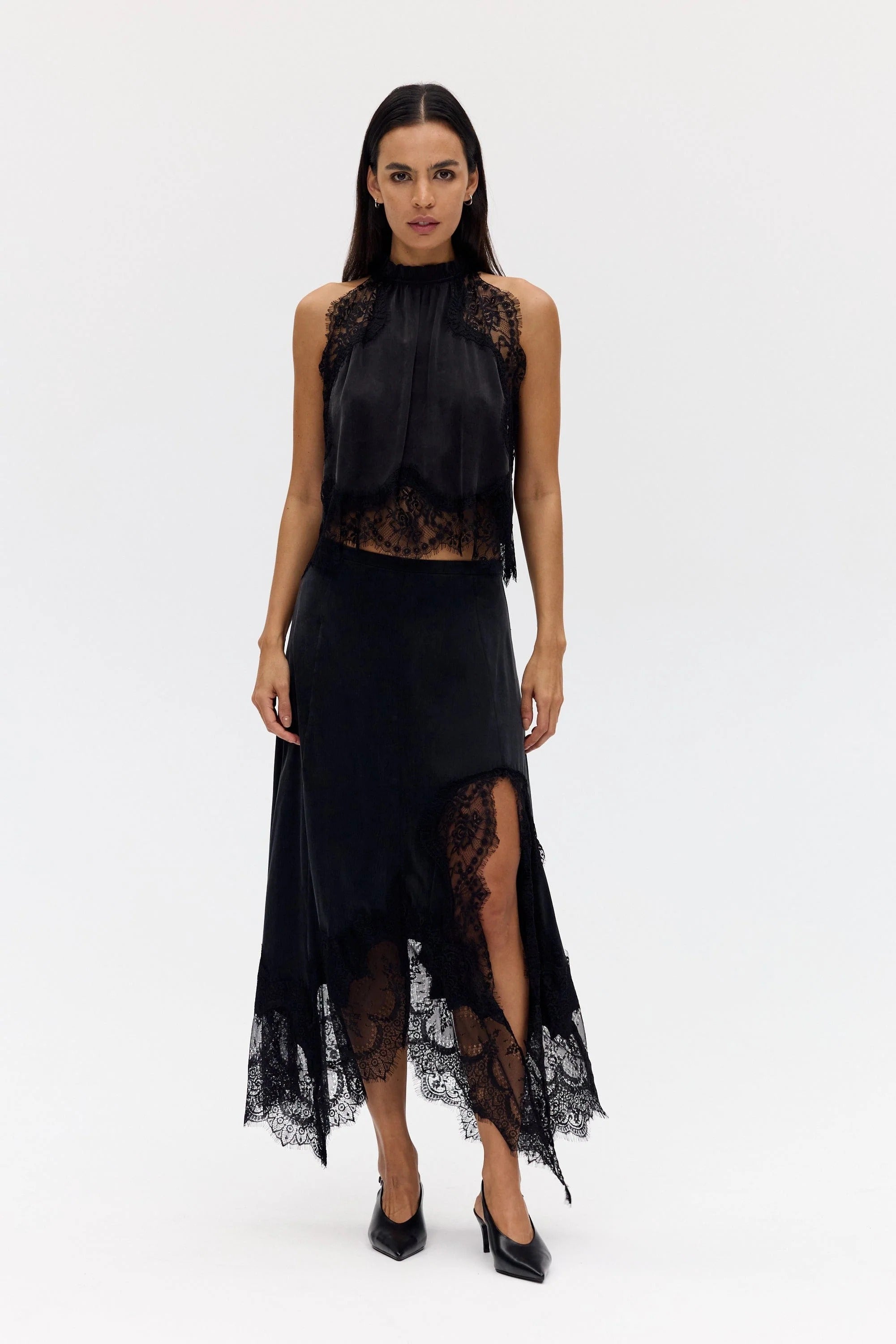 Women's Satin Lace-Trim Top and A-Line Slit Skirt Set - Black