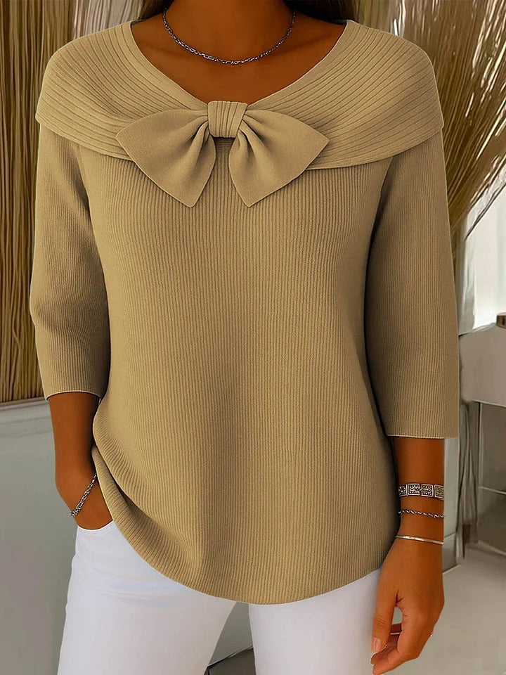 Women's Jumper Off-Shoulder Bow Detail with Three-Quarter Sleeves - Khaki