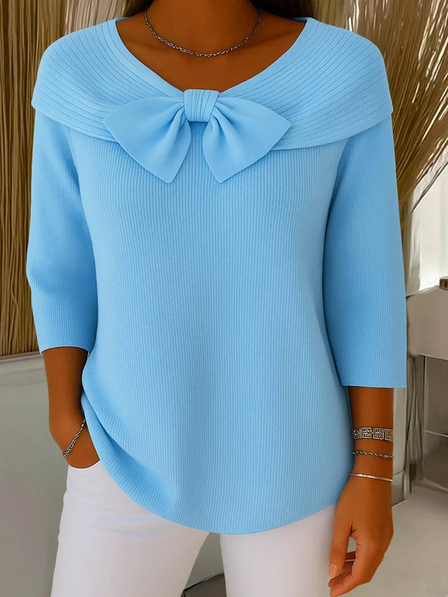 Women's Jumper Off-Shoulder Bow Detail with Three-Quarter Sleeves - Blue