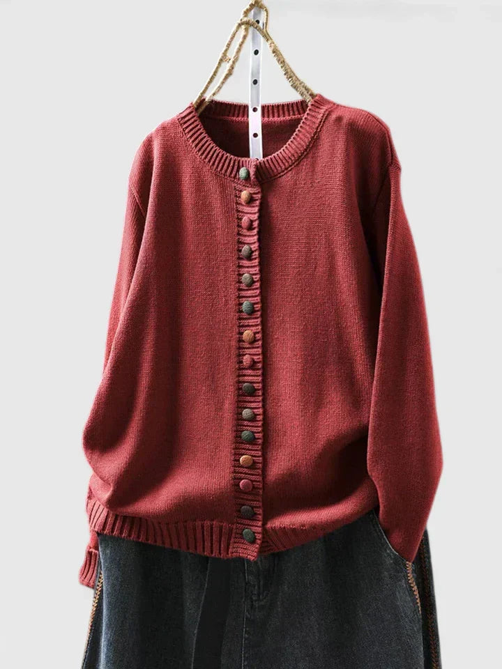 Women's Cardigan Long Sleeve with Decorative Buttons - Red