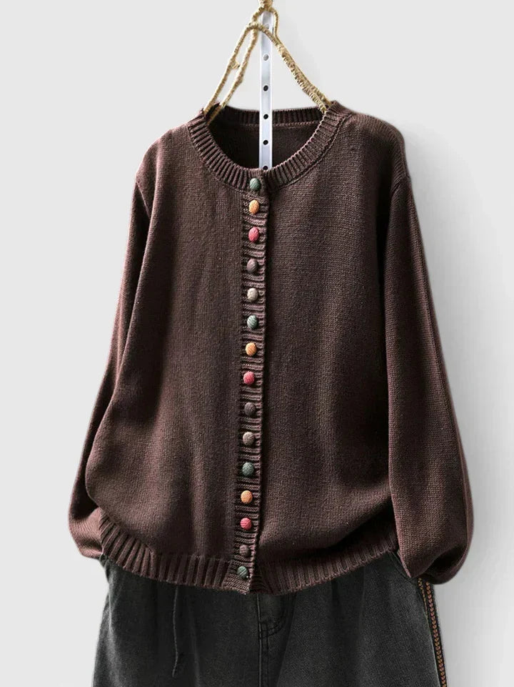 Women's Cardigan Long Sleeve with Decorative Buttons - Dark Brown