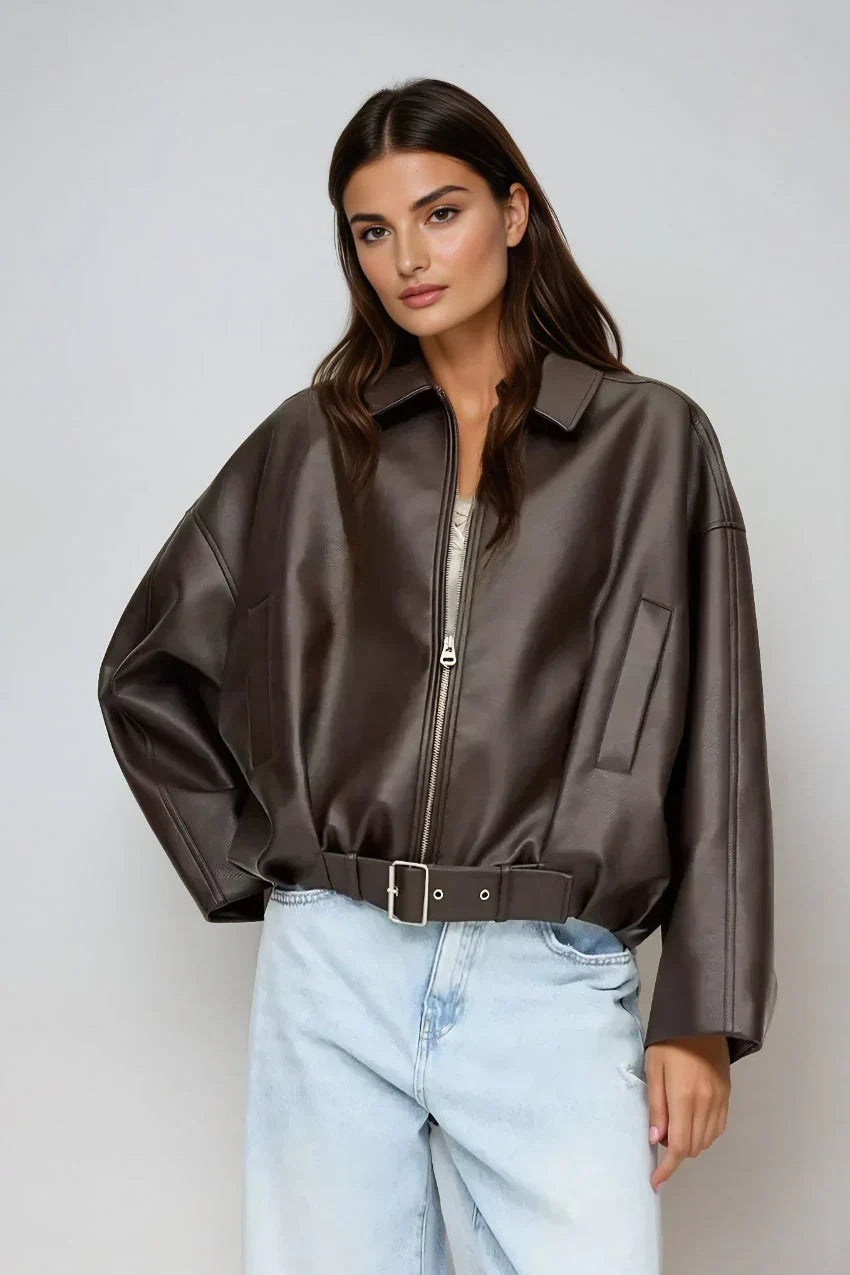 Women's Oversized Faux Leather Jacket with Waist Belt - 2