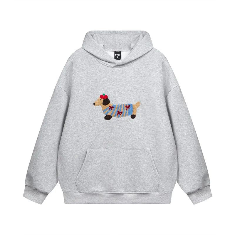 Women's Hoodie with Embroidered Dachshund Design - Grey