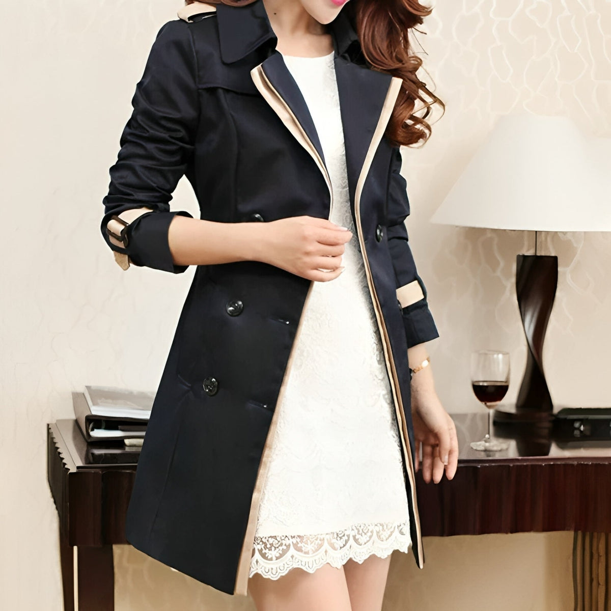 Women's Wrap Trench Coat with Button Detail and Long Length - 3