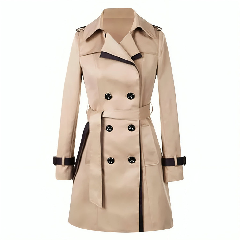 Women's Wrap Trench Coat with Button Detail and Long Length - Khaki