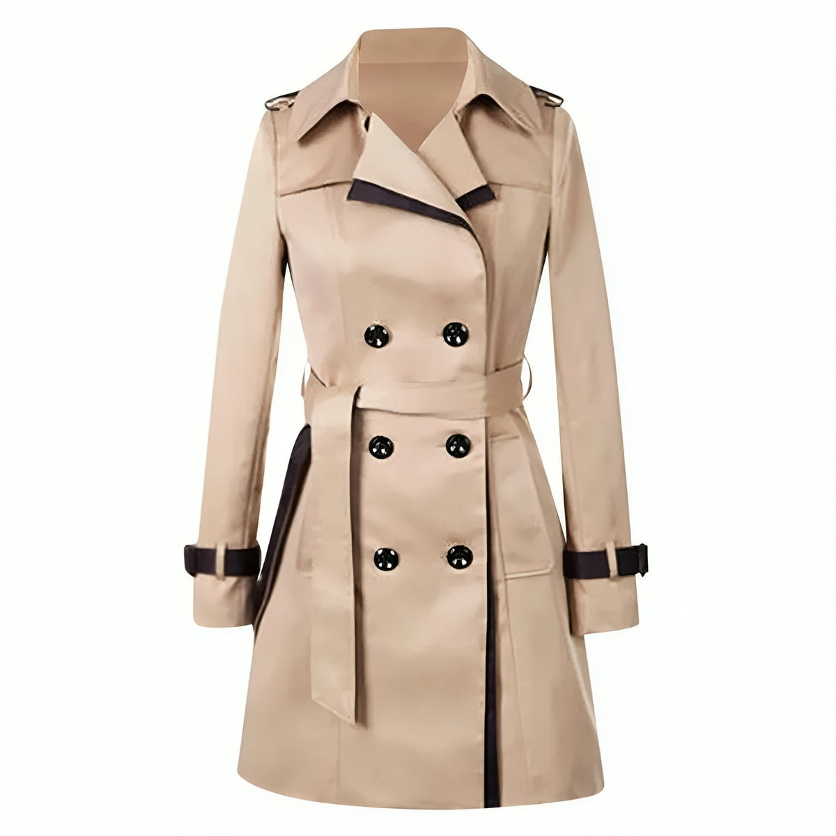 Women's Wrap Trench Coat with Button Detail and Long Length - Khaki