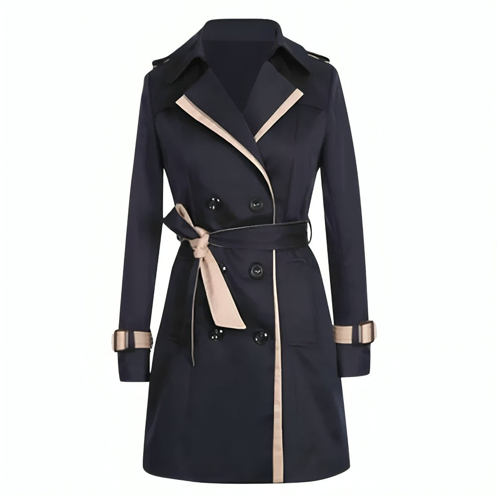 Women's Wrap Trench Coat with Button Detail and Long Length - Black