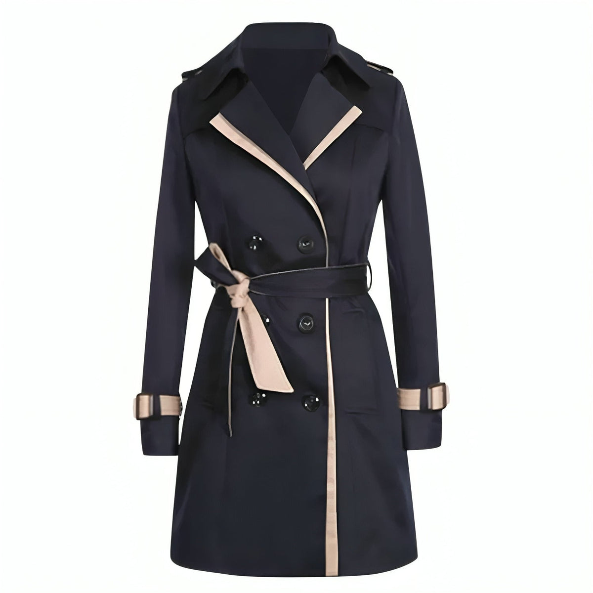 Women's Wrap Trench Coat with Button Detail and Long Length - Black