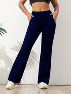 Women's Stretch Sports Trousers with High Waist and Wide Leg - Navy Blue
