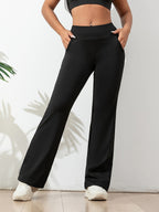 Women's Stretch Sports Trousers with High Waist and Wide Leg - Black