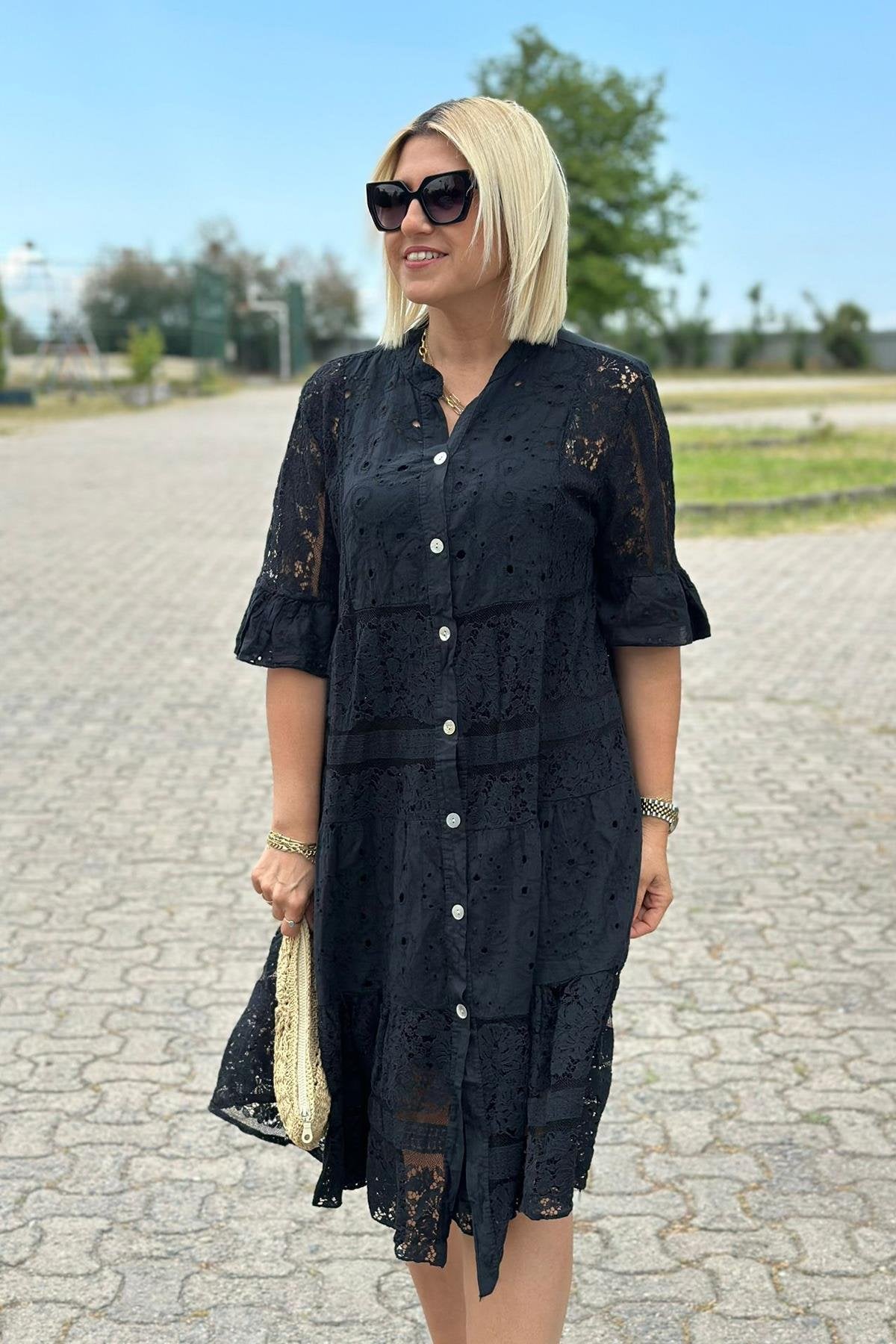 Women's A-Line Dress with Three-Quarter Sleeves and Front Buttons - 6