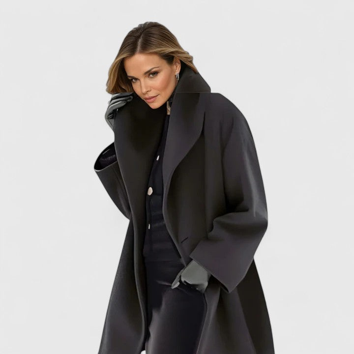 Women's Relaxed Coat with Oversized Lapel Collar - Black