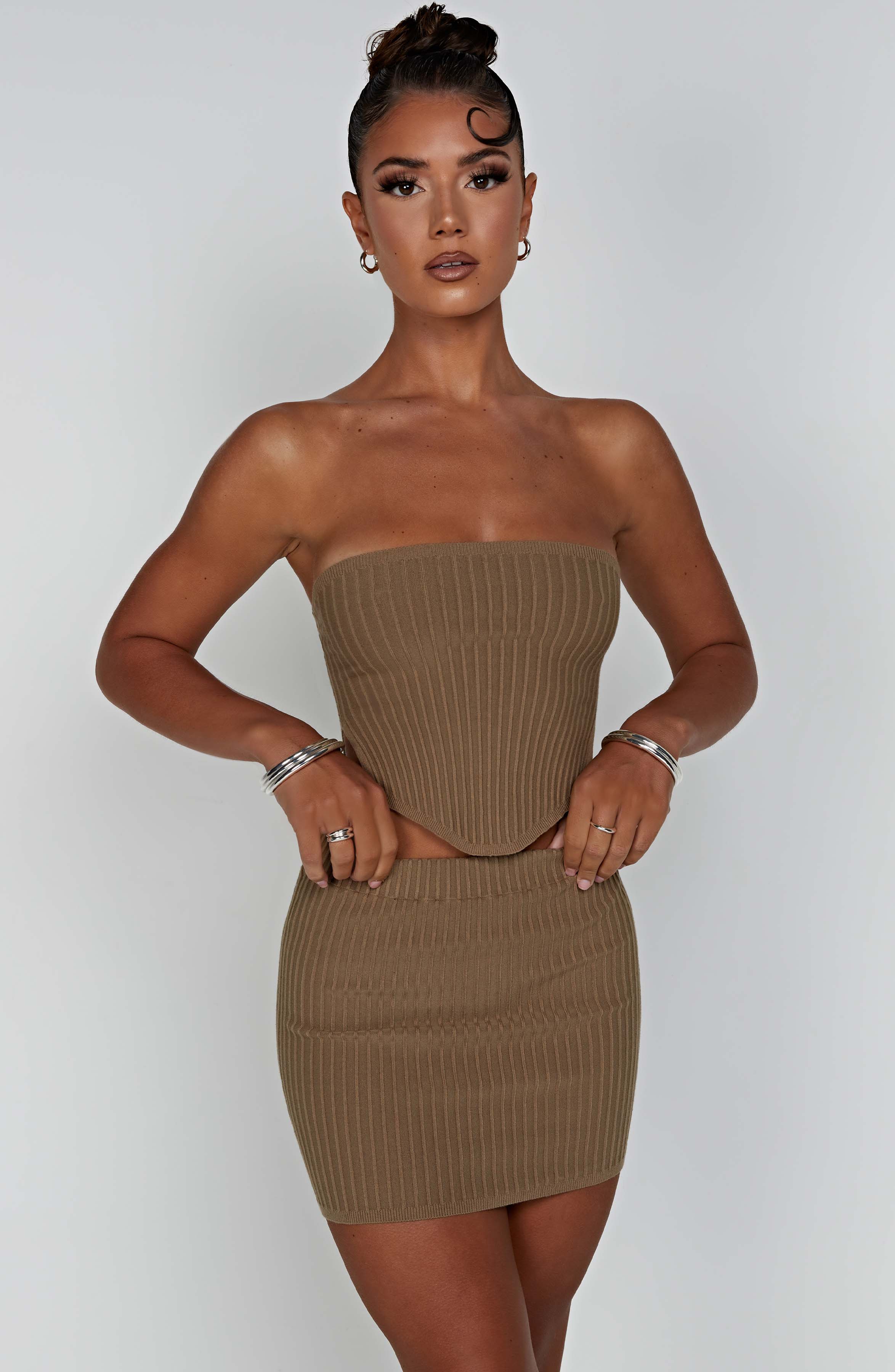 Women's Ribbed Bodycon Mini Dress Strapless with Cutout Waist - 12