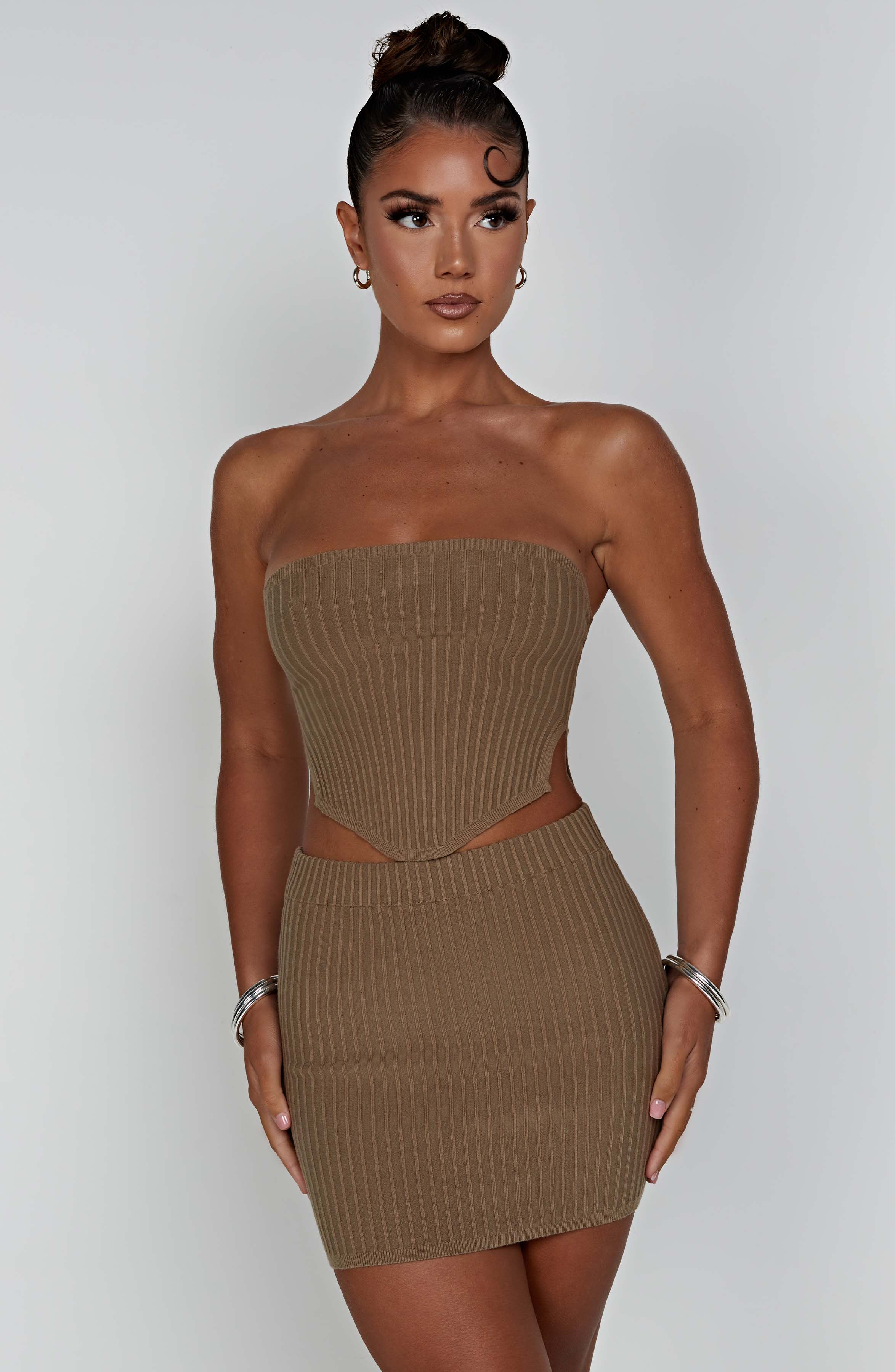 Women's Ribbed Bodycon Mini Dress Strapless with Cutout Waist - 11