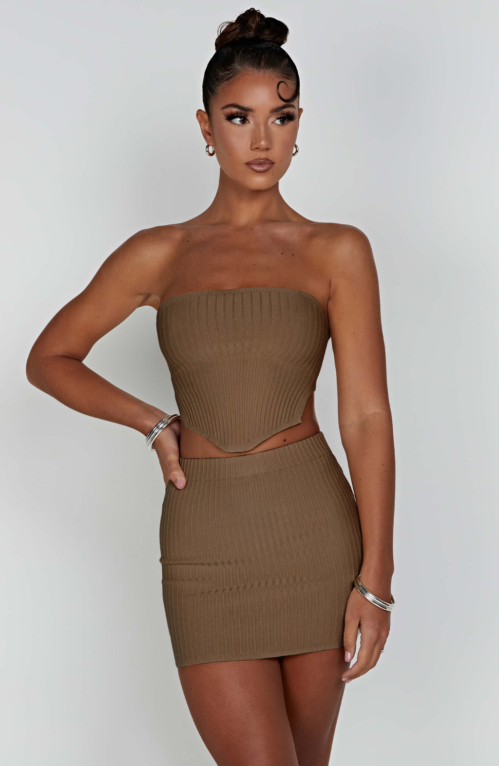 Women's Ribbed Bodycon Mini Dress Strapless with Cutout Waist - 14