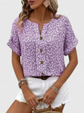 Women's Floral Blouse Short Sleeve with Button Placket and Relaxed Fit - Purple