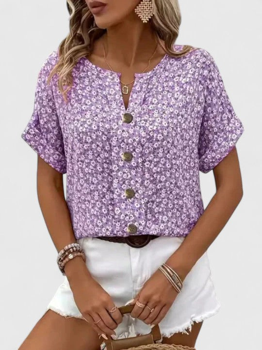 Women's Floral Blouse Short Sleeve with Button Placket and Relaxed Fit - Purple