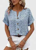Women's Floral Blouse Short Sleeve with Button Placket and Relaxed Fit - Blue