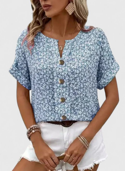Women's Floral Blouse Short Sleeve with Button Placket and Relaxed Fit - Blue