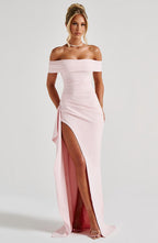 Women's Off-Shoulder Maxi Dress with Ruched Bodice and High Slit - 2
