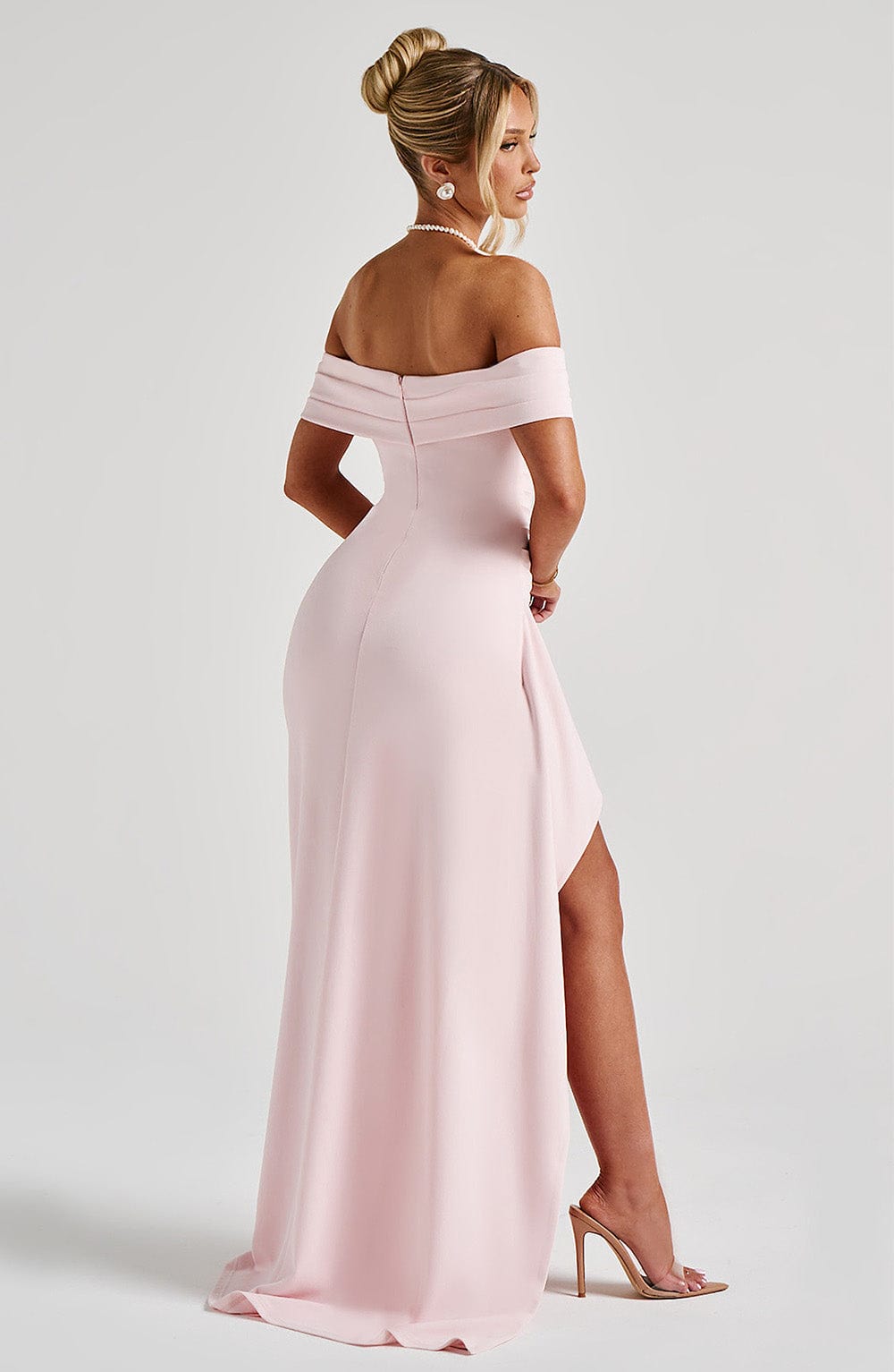 Women's Off-Shoulder Maxi Dress with Ruched Bodice and High Slit - 3