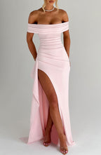 Women's Off-Shoulder Maxi Dress with Ruched Bodice and High Slit - 4