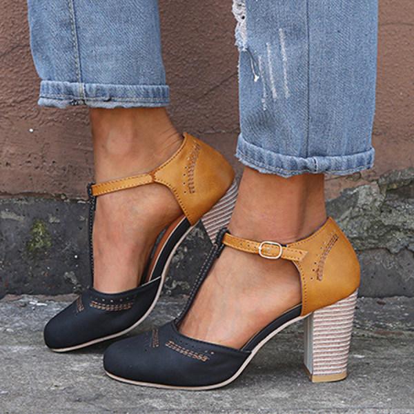Women's Two-Tone T-Strap Block Heel Shoes - Black