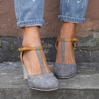 Women's Two-Tone T-Strap Block Heel Shoes - Grey