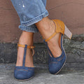 Women's Two-Tone T-Strap Block Heel Shoes - Blue