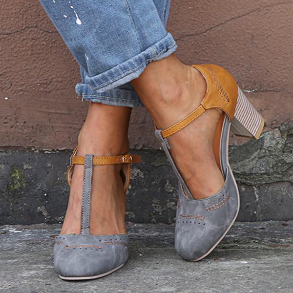 Women's Two-Tone T-Strap Block Heel Shoes - 4