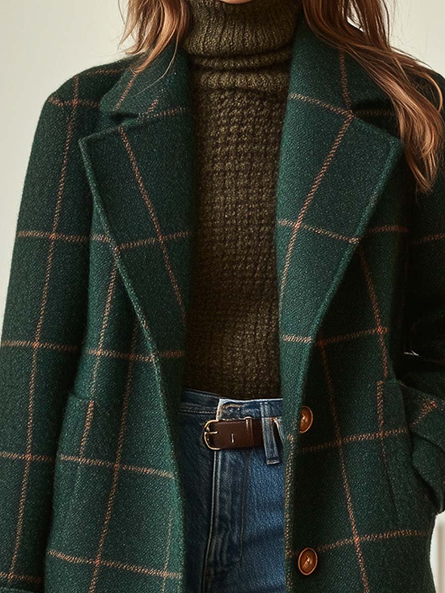 Women's Checked Coat with Lapel Collar and Structured Fit - 2