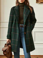 Women's Checked Coat with Lapel Collar and Structured Fit - Dark Green