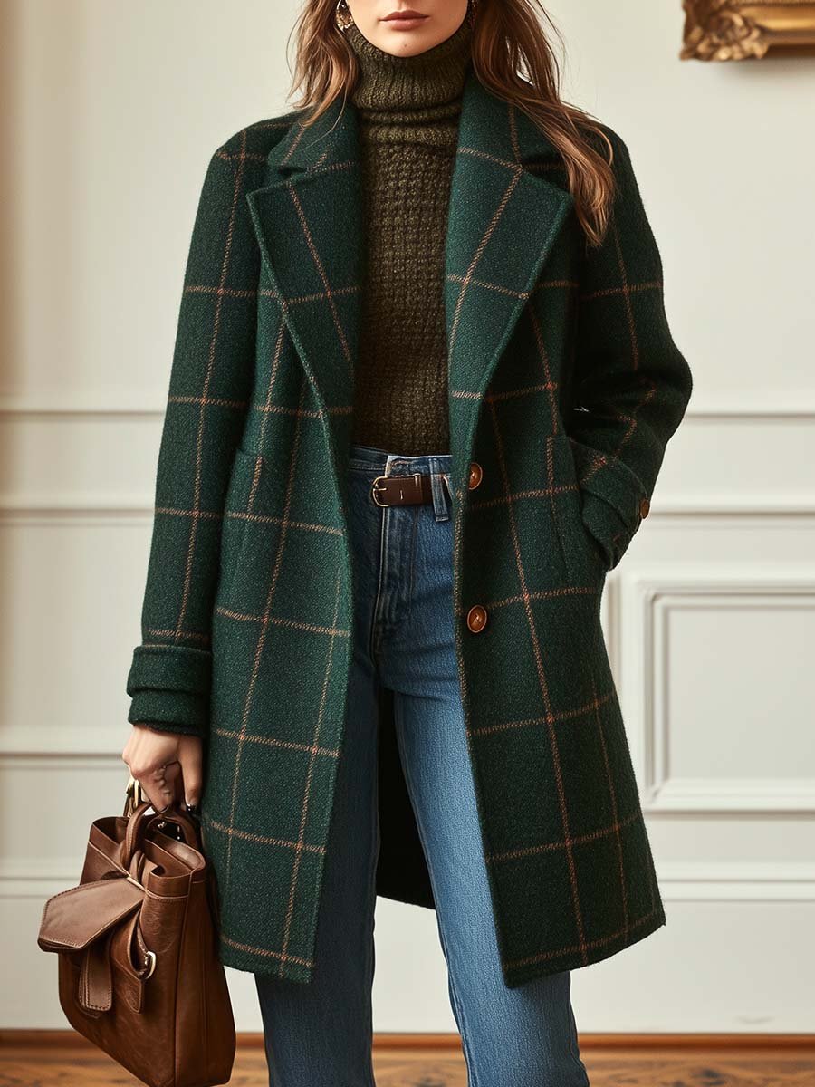 Women's Checked Coat with Lapel Collar and Structured Fit - Dark Green