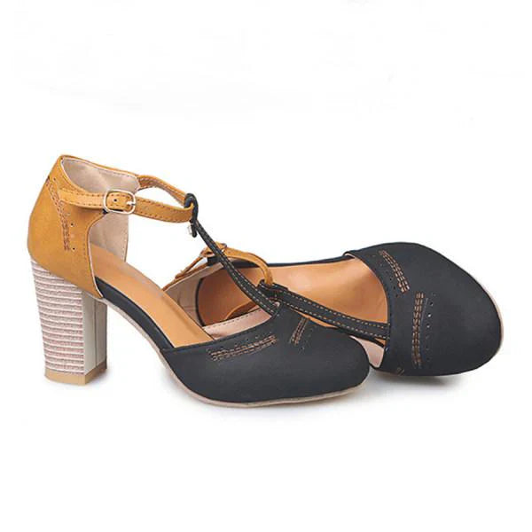 Women's Two-Tone T-Strap Block Heel Shoes - 5