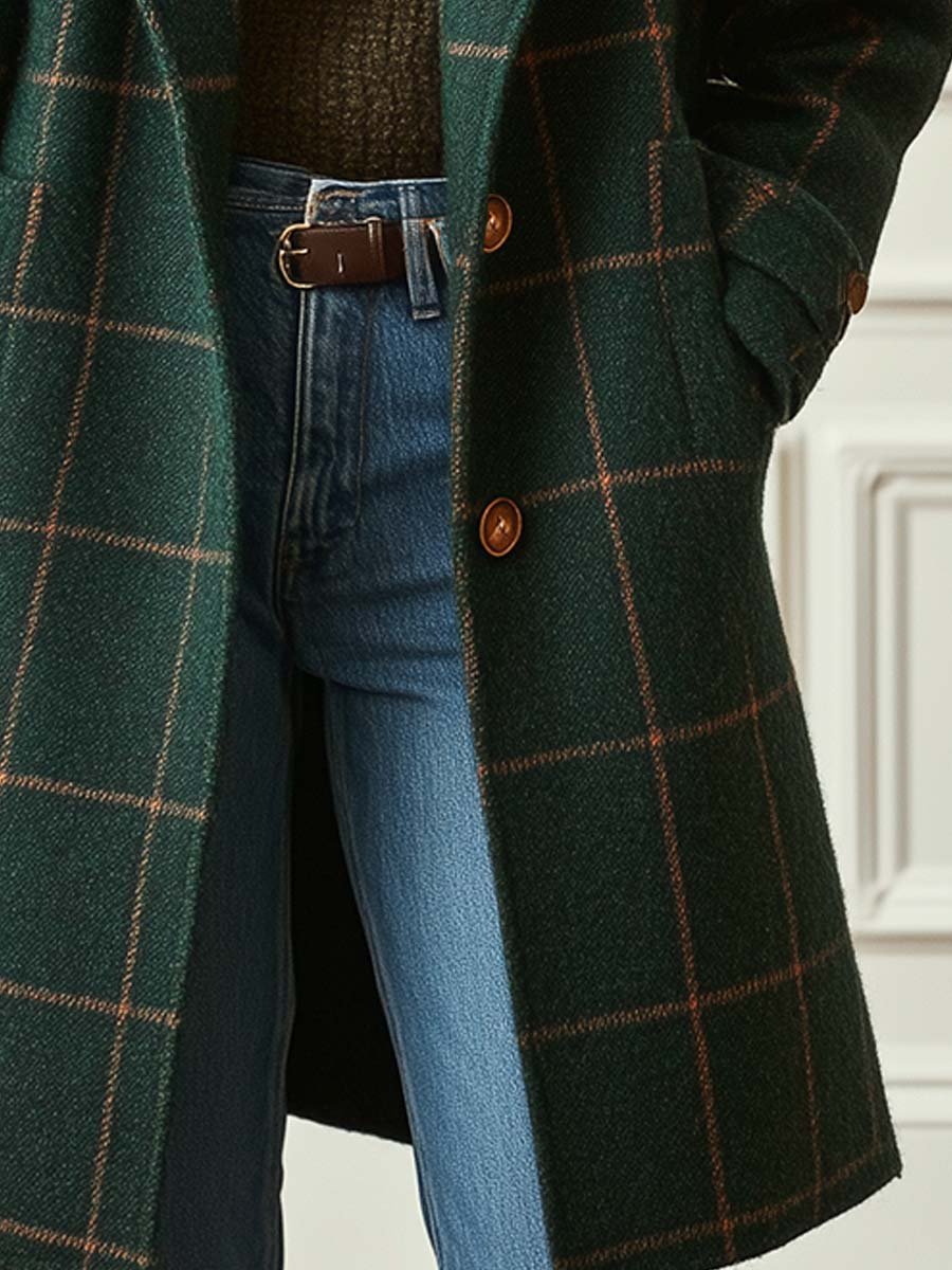 Women's Checked Tweed Coat with Lapel Collar - 4