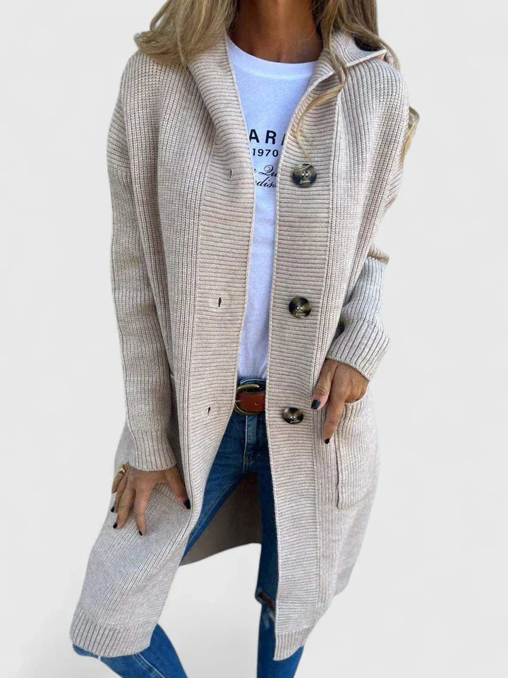 Women's Longline Cardigan with Hood and Button Front - Beige