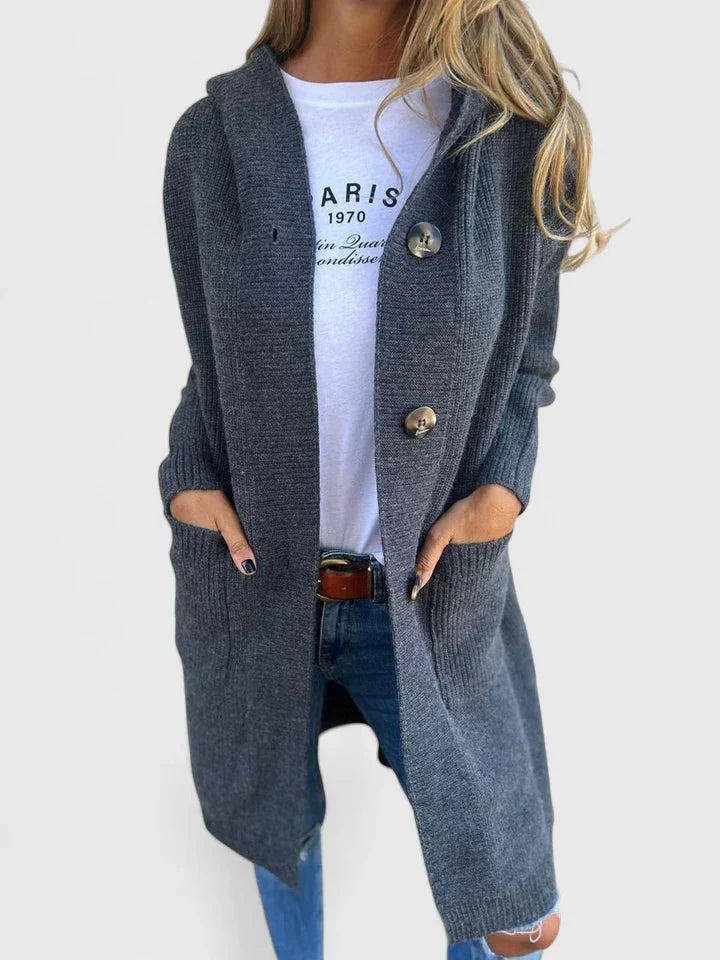 Women's Longline Cardigan with Hood and Button Front - Grey