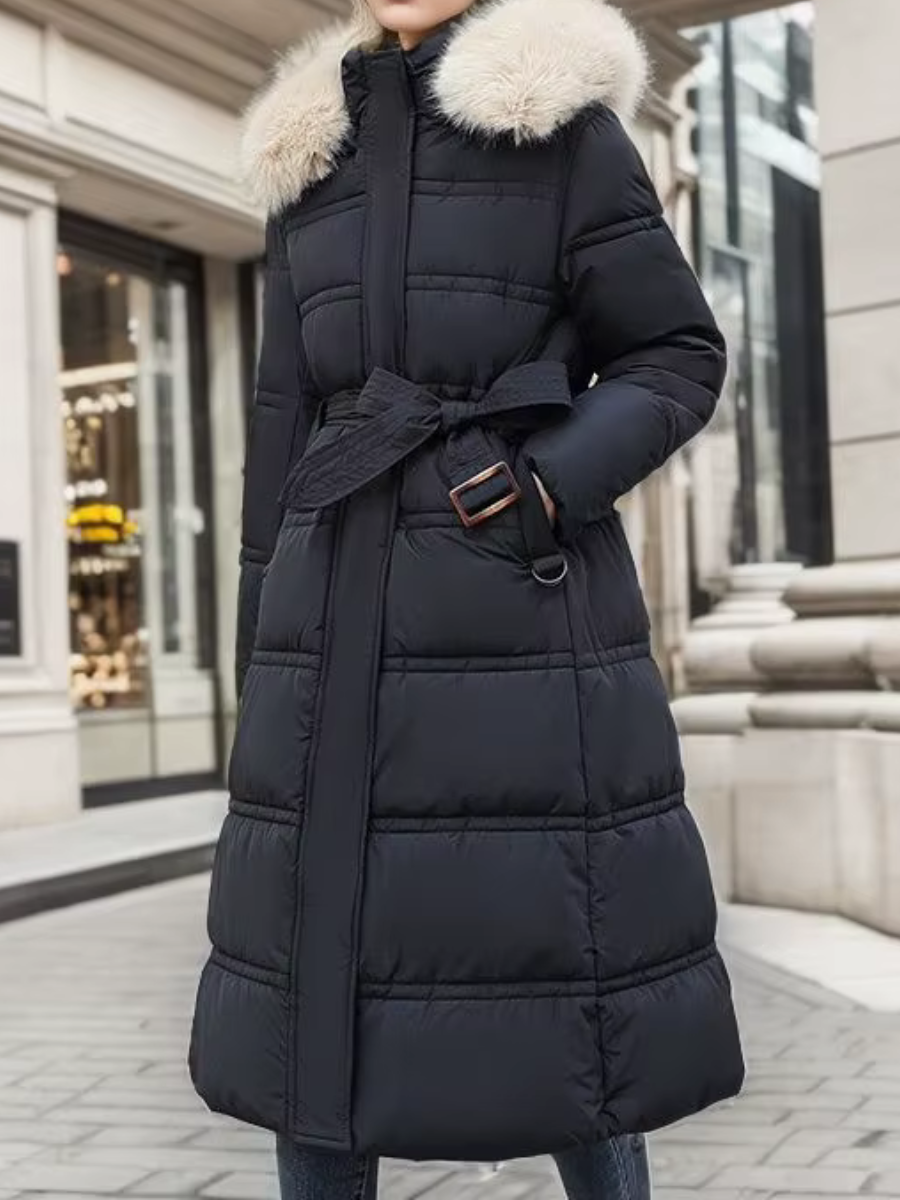 Women's Long Padded Coat with Faux Fur Trim Hood - Black / Khaki Fur