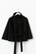 Women's Cape Coat with Belt and High Collar - Black