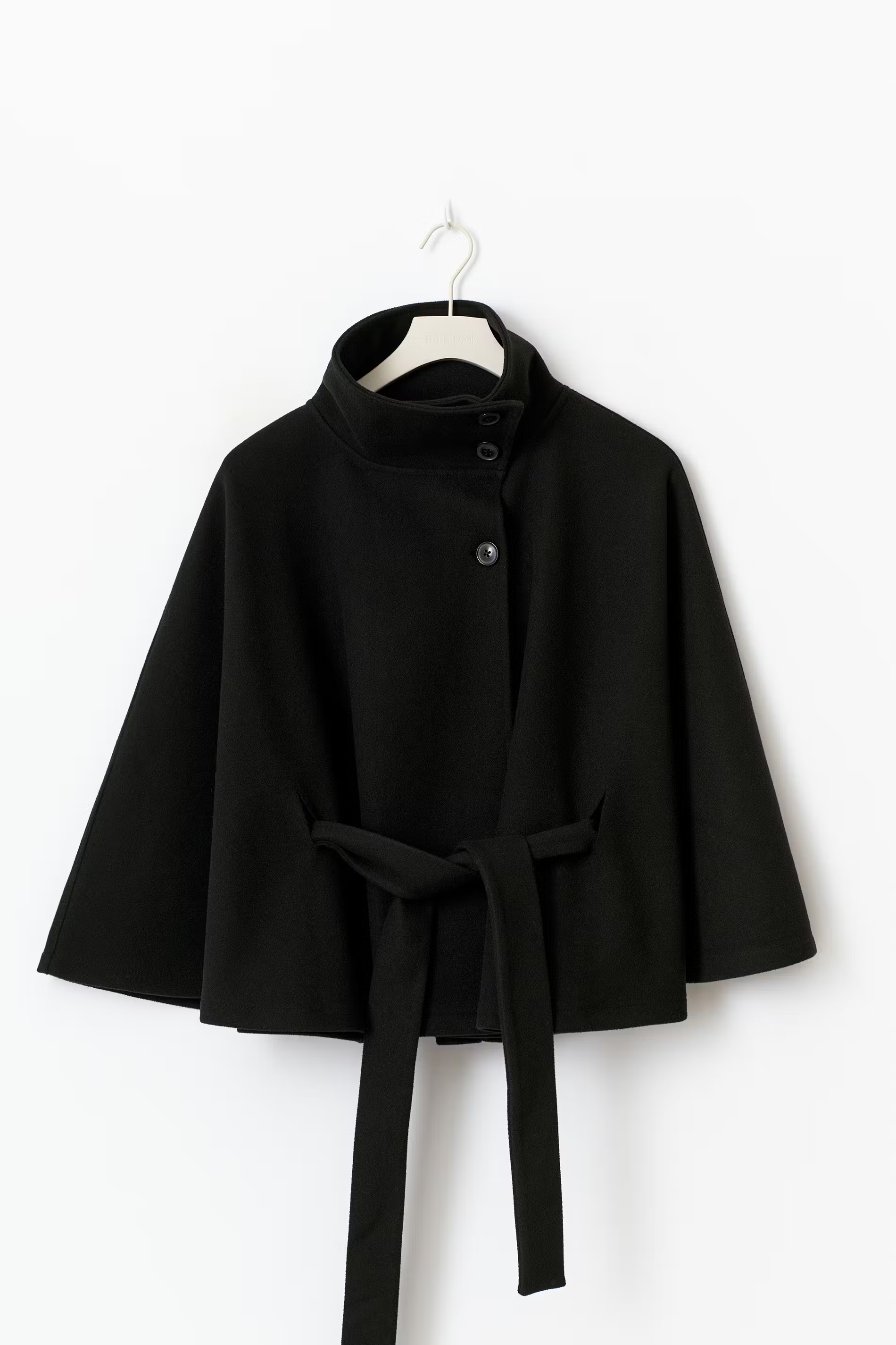 Women's Cape Coat with Belt and High Collar - Black