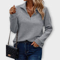 Women's Jumper with Zip Collar and Ribbed Texture - Grey