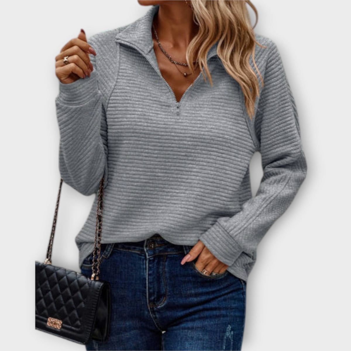 Women's Jumper with Zip Collar and Ribbed Texture - Grey