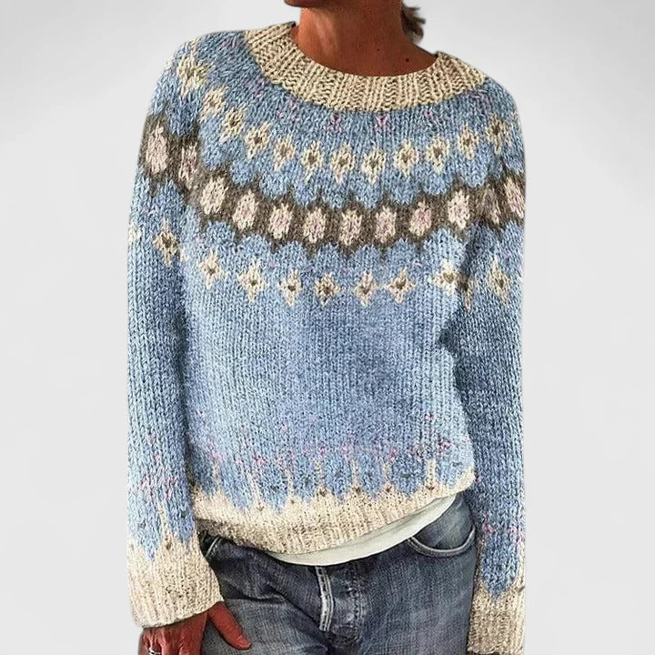Women's Jumper Round Neck with Fair Isle Pattern - Light Blue