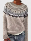 Women's Jumper Round Neck with Fair Isle Pattern - Beige