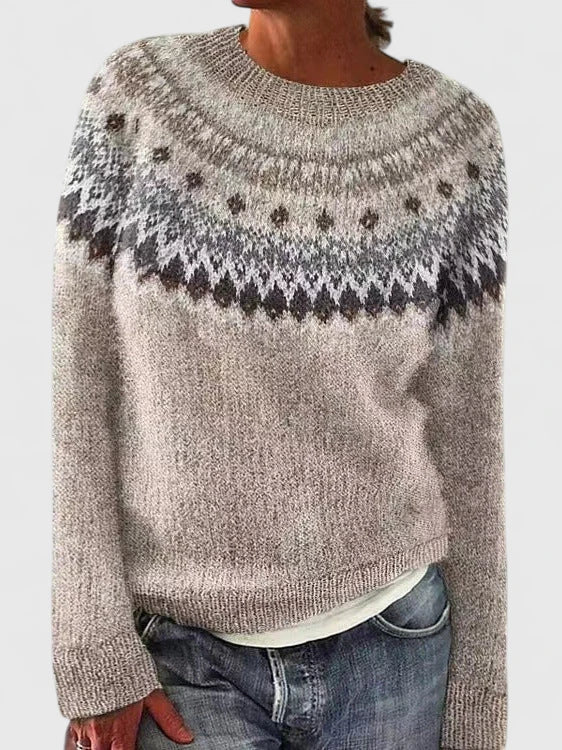 Women's Jumper Round Neck with Fair Isle Pattern - Beige
