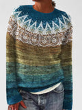 Women's Jumper Round Neck with Fair Isle Pattern - Dark Blue