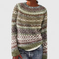 Women's Jumper Round Neck with Fair Isle Pattern - Dark Green