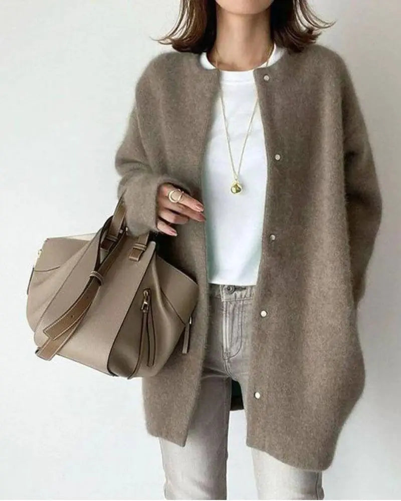 Women's Knit Cardigan Long Sleeve with Button Front and Relaxed Fit - Mocha