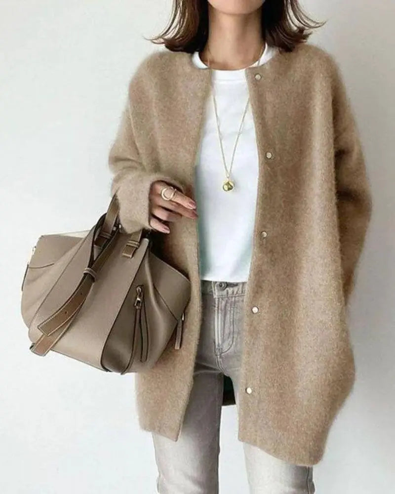 Women's Knit Cardigan Long Sleeve with Button Front and Relaxed Fit - Khaki
