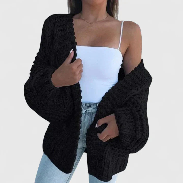Women's Chunky Knit Cardigan with Open Front and Relaxed Fit - Black